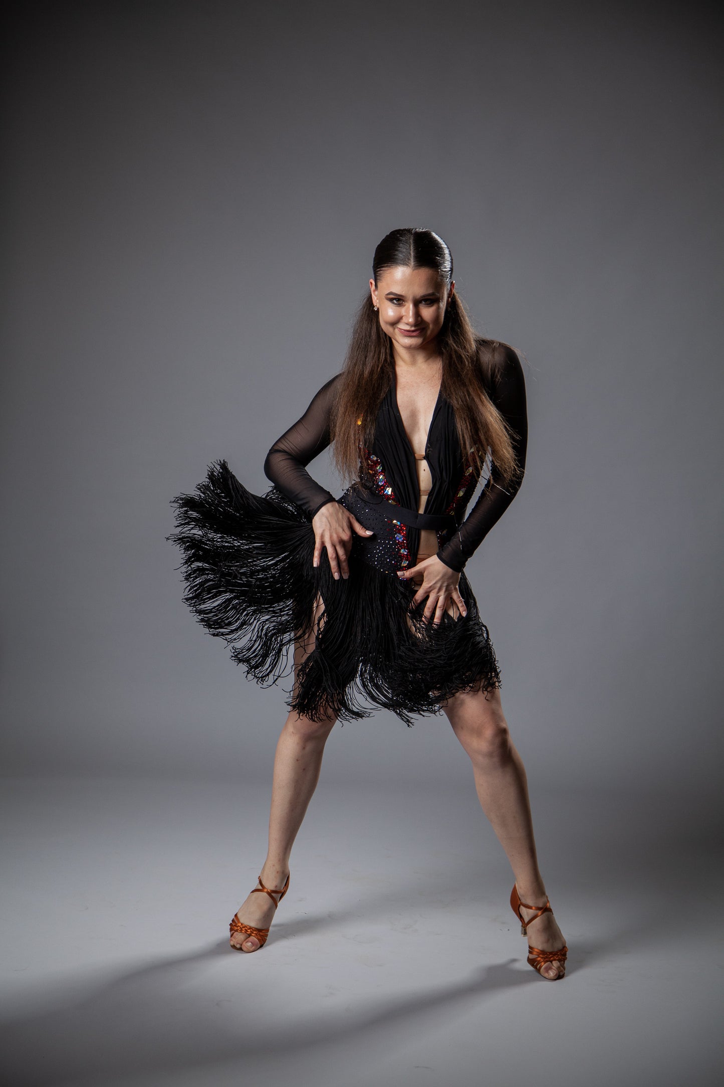 RENT ME: Black with red&silver rhinestones latin dress in size S