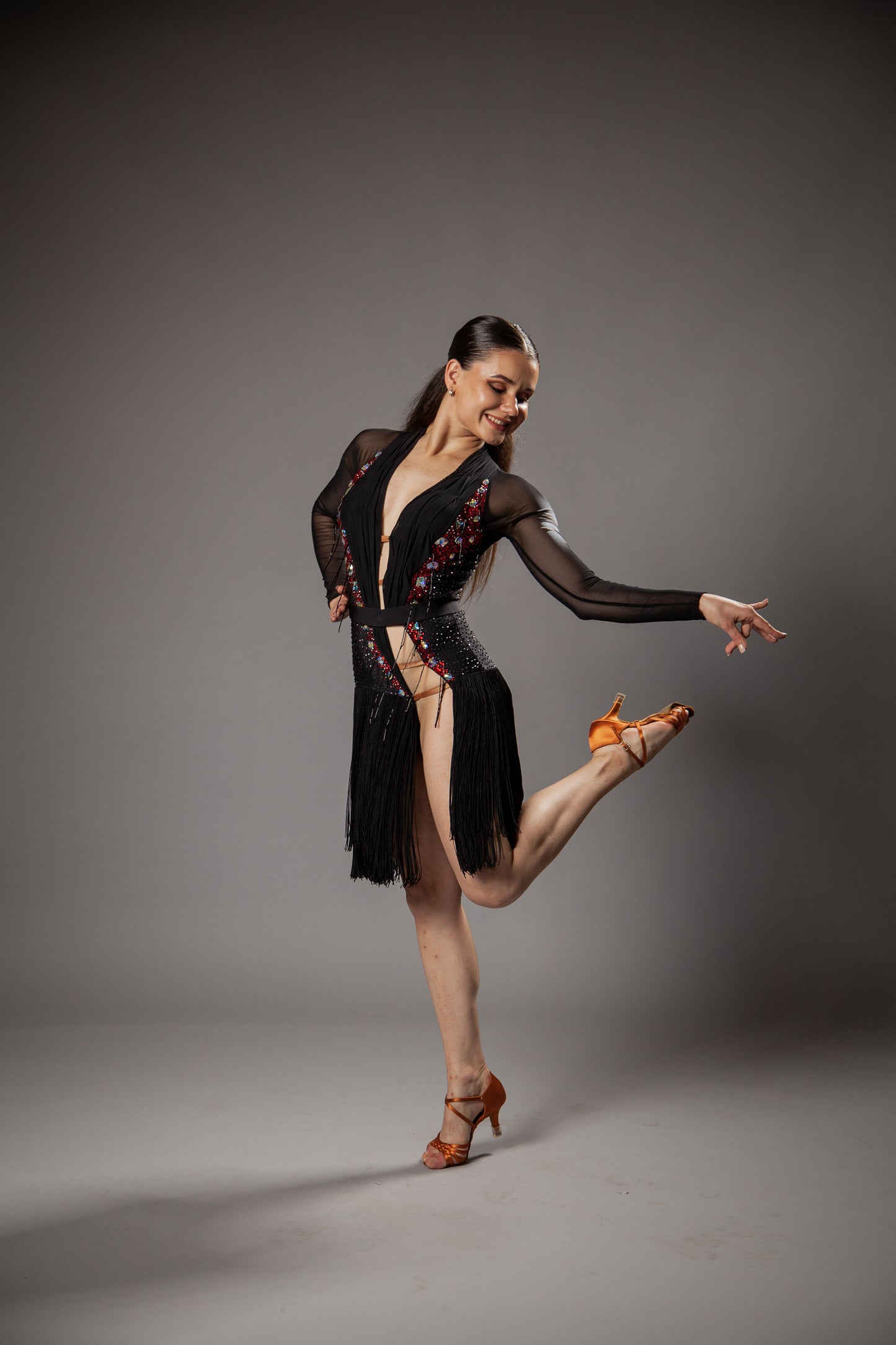 RENT ME: Black with red&silver rhinestones latin dress in size S